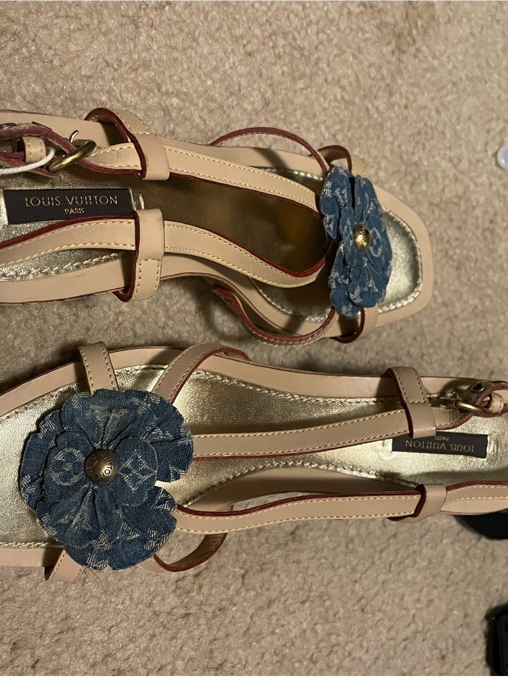 Louis Vuitton Beige Leather Sandals with Blue Denim Flower